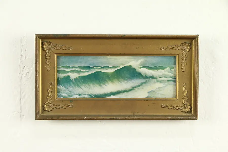 Photo of Victorian Antique 1900 Print of Crashing Waves, Original Frame