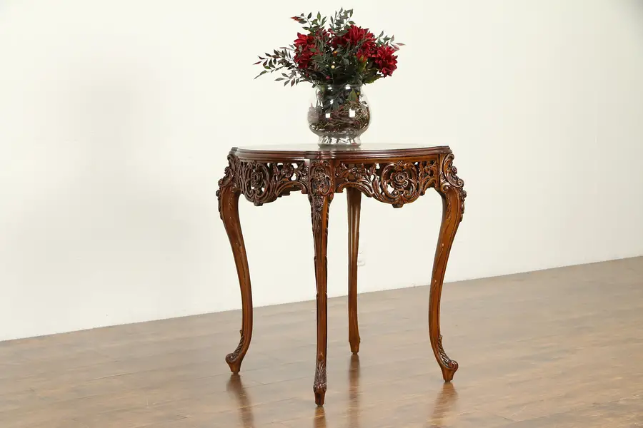 Photo of Marquetry Inlaid Vintage Carved Walnut Hall Center or Lamp Table