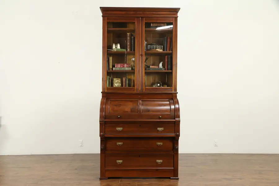 Photo of Victorian Eastlake Antique Cylinder Walnut Secretary Desk, Bookcase