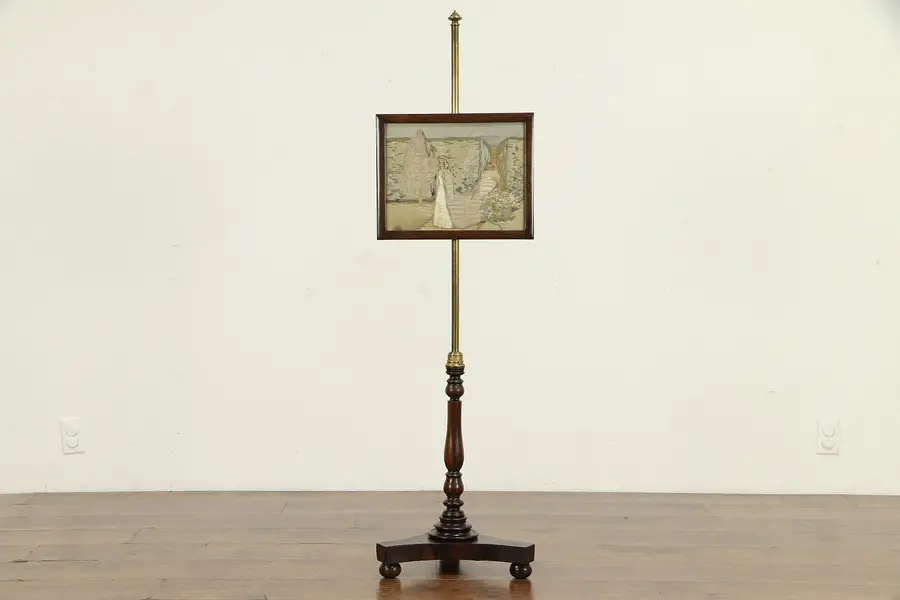 Photo of Rosewood Antique English Fire Screen, Embroidered Silk Scene