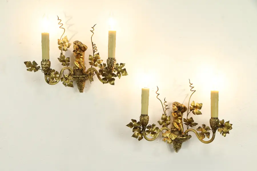 Photo of Pair of Antique Wall Sconces, Grapes, Wine & Cherubs Motif
