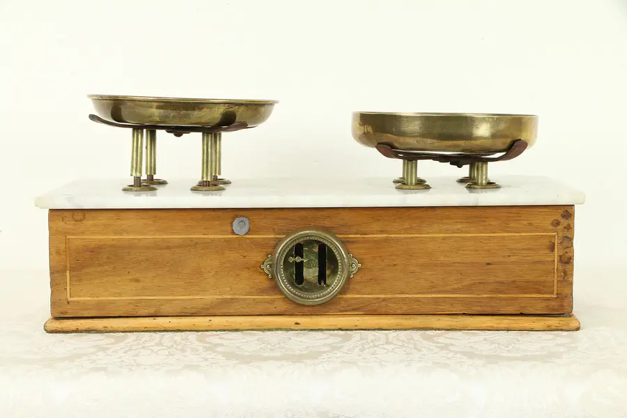 Photo of Victorian Antique English Walnut & Marble Balance Scale, Royal Stamp
