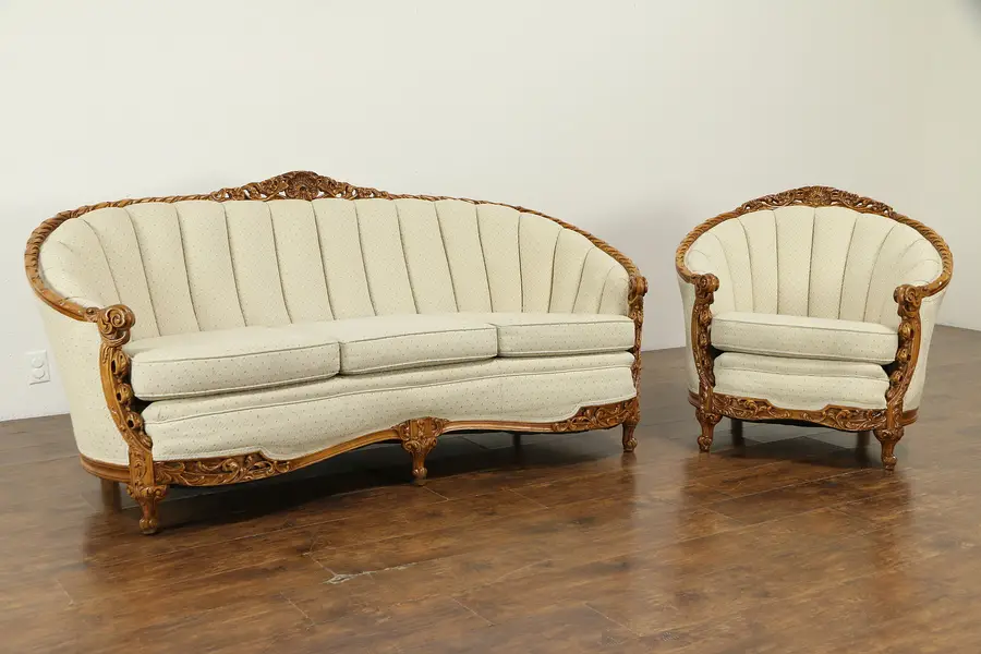 Photo of Carved Antique 1920's Sofa & Chair Set, Recent Upholstery
