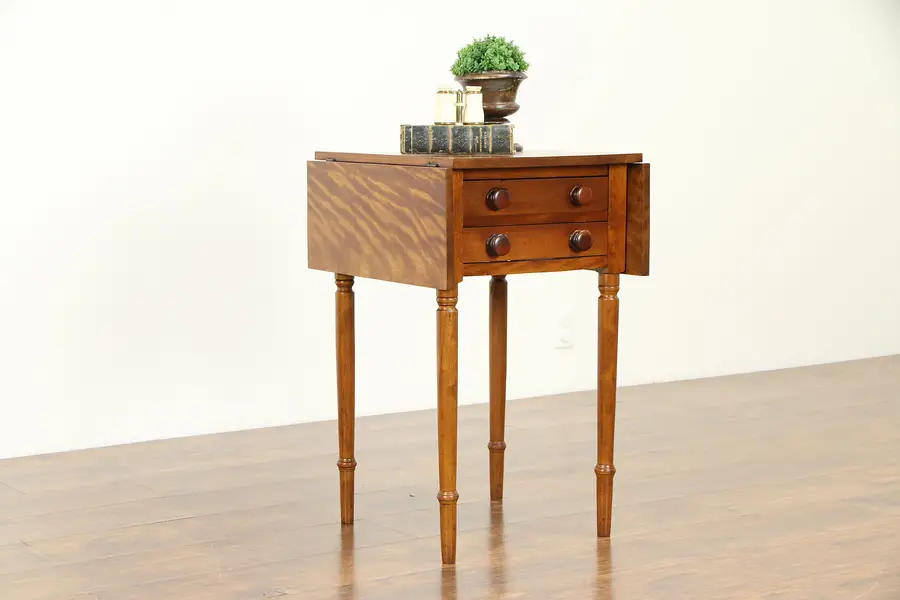 Photo of Curly Birch & Walnut Antique Pembroke Dropleaf End Table or Nightstand