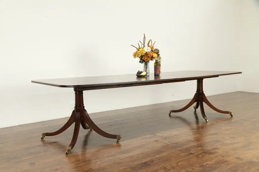 Photo of Traditional 10' Antique Banded Mahogany Dining Table 2 Pedestals 4 Leaves