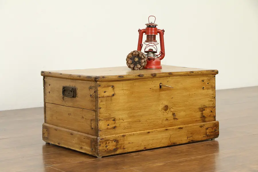 Photo of Country Pine Farmhouse Antique 1840 Chest, Square Nails Working Lock