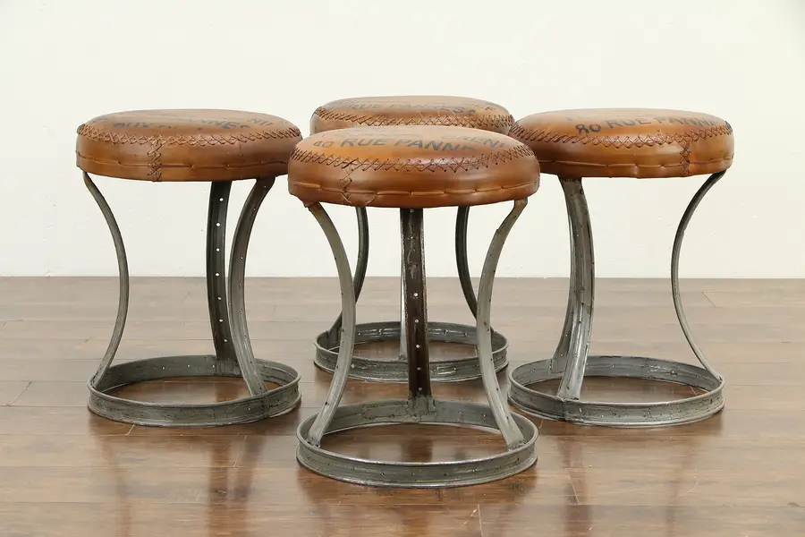 Photo of PAIR Laced Leather & Industrial Steel Stools, French Inscriptions