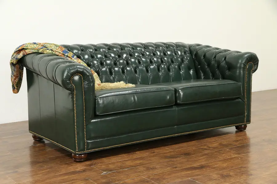 Photo of Chesterfield Green Tufted Leather Vintage Couch, Nailhead Trim