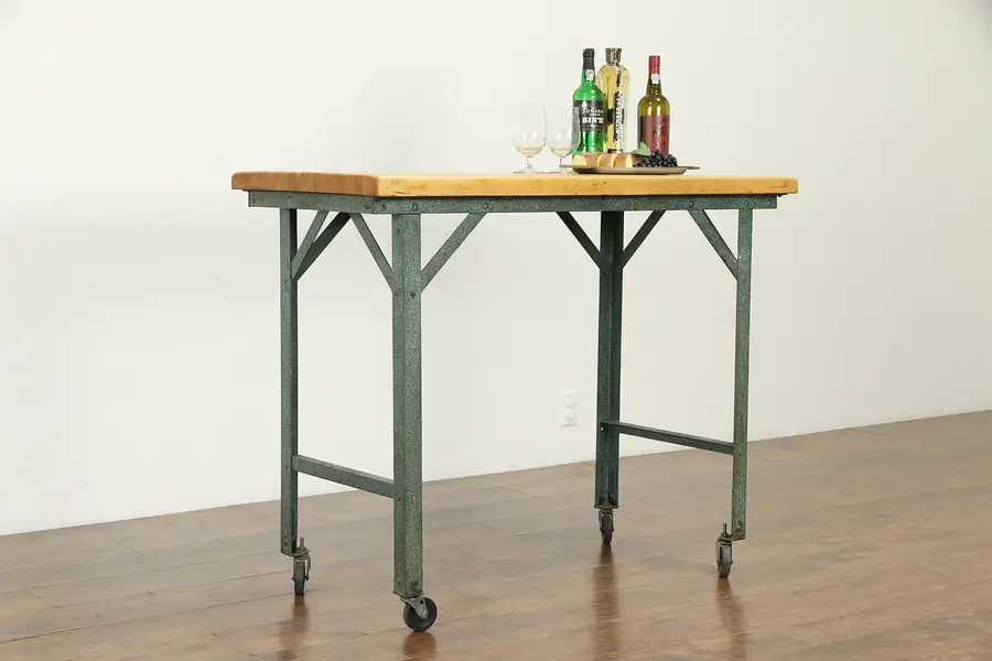Photo of Butcher Block Industrial Iron Cart, Kitchen Island, Wine & Cheese Table