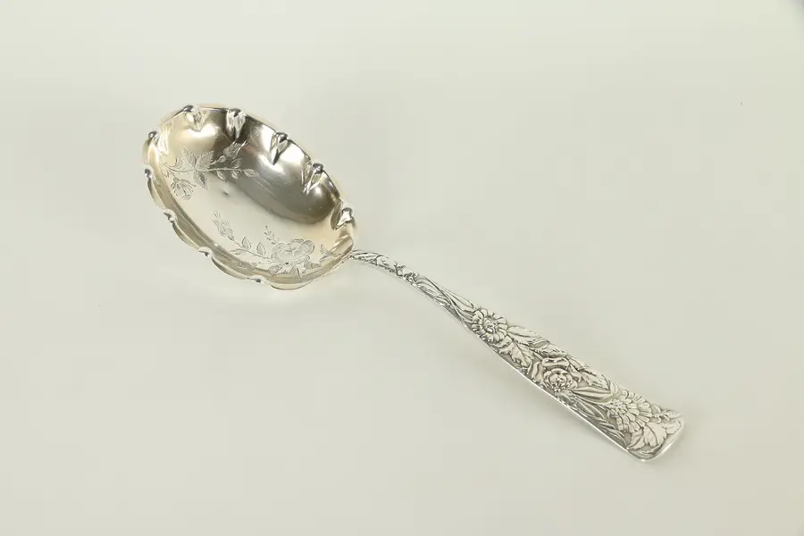 Photo of Victorian Antique Embossed Sterling Silver Serving Spoon, M. Scooler
