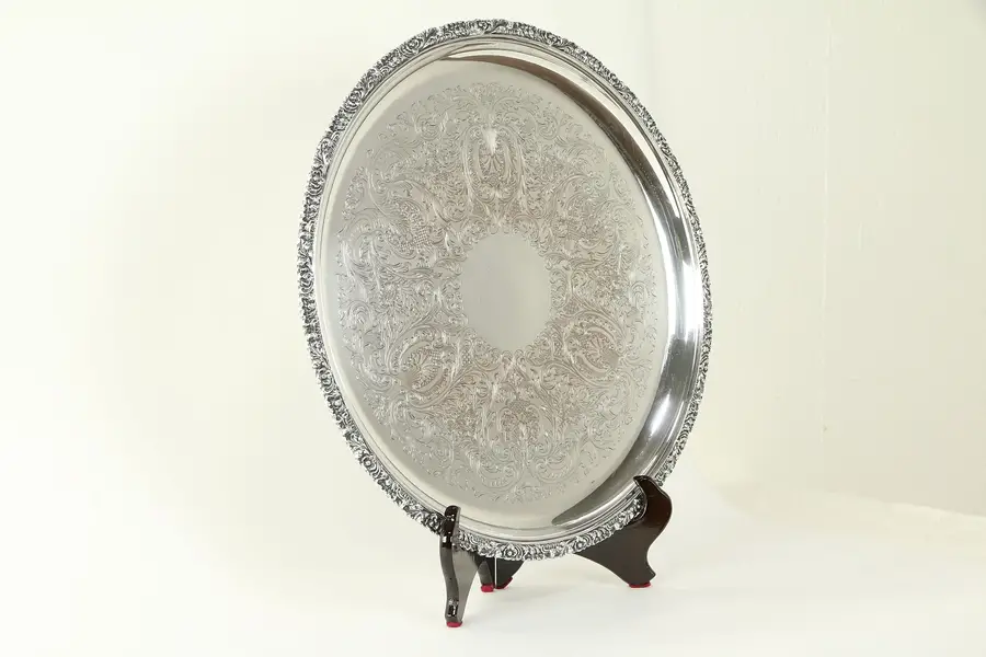 Photo of Victorian Antique Engraved English Silverplate Drinks Tray, Hallmark