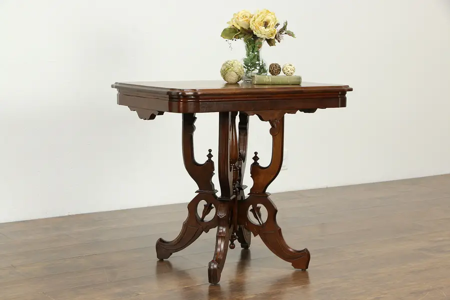 Photo of Victorian Antique 1880's Walnut & Burl Lamp or Parlor Table