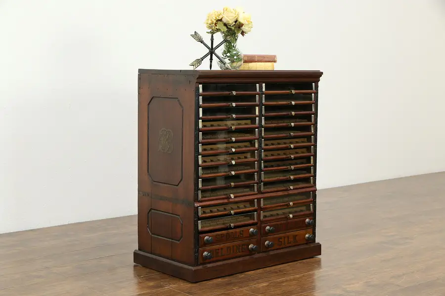 Photo of Victorian Antique Belding Walnut 28 Drawer Spool Cabinet, Jewelry Ches