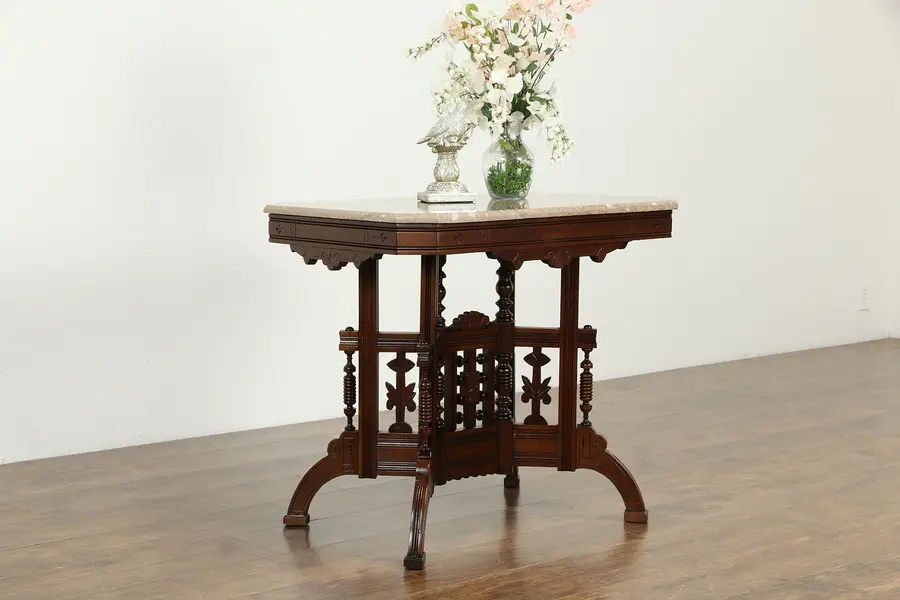Photo of Victorian Eastlake Antique Cherry Lamp or Parlor Table, Marble Top