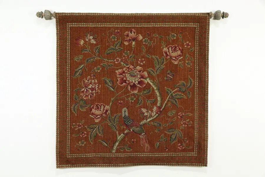 Photo of Flowers & Bird Vintage Tapestry with Carved Hanging Rod