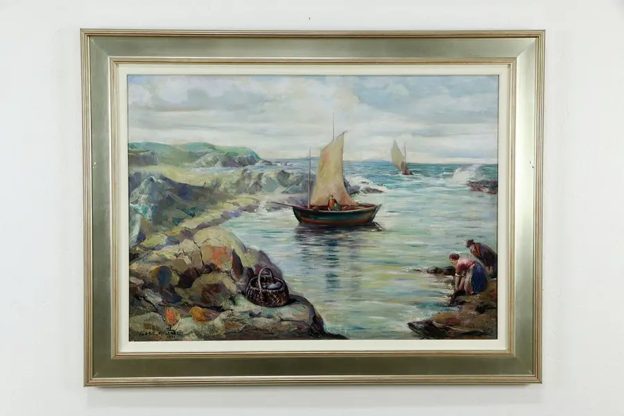 Photo of Coast of Brittany With Sailboat Oil Painting, Charles H Kellner 1935