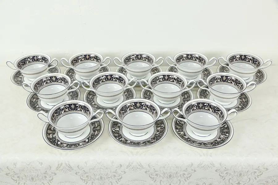 Photo of Wedgwood Cobalt Blue Florentine Pattern Set of 12 Cream Soup Cups Saucers