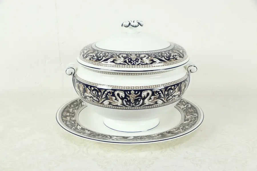 Photo of Wedgwood Cobalt Blue Florentine Pattern Tureen, Cover & Plate