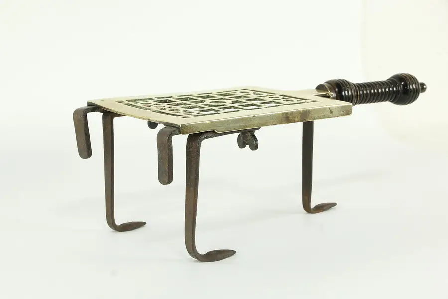 Photo of Victorian Antique English Brass & Iron Fireplace Trivet, Wood Handle