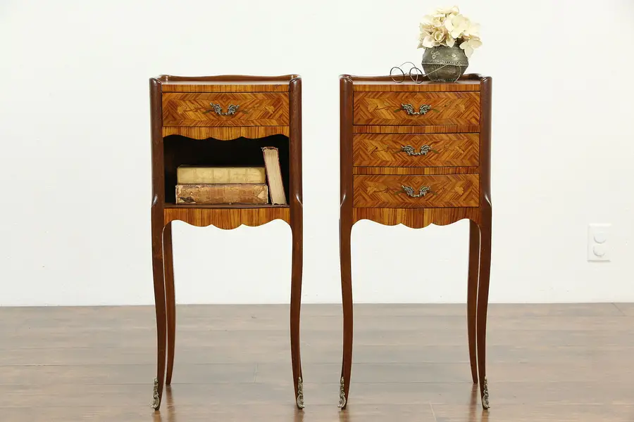 Photo of Pair of Tulipwood Marquetry Vintage Italian Nightstands or End Tables