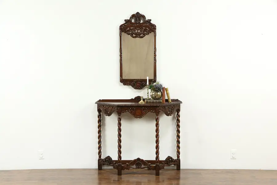 Photo of English Tudor Style Antique Carved Walnut Hall Console & Mirror Set