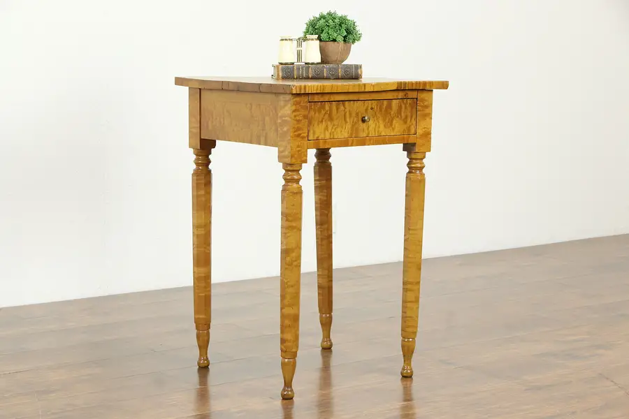 Photo of Sheraton 1825 Antique Tiger or Curly Maple Nightstand or Lamp Table