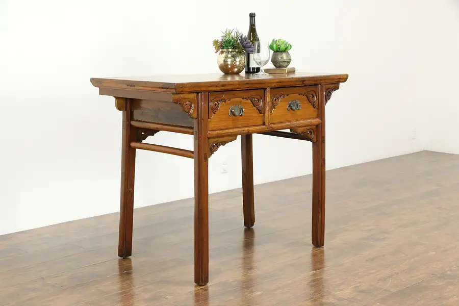 Photo of Chinese Antique Carved Ash & Pine Hall Console Table or Sideboard