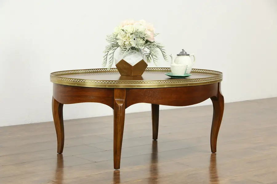 Photo of Oval Banded Walnut Vintage Coffee Table, Brass Gallery, Signed Baker