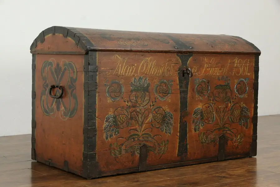 Photo of Swedish Immigrant Pine Trunk Hand Painted & Signed 1861, Working Lock