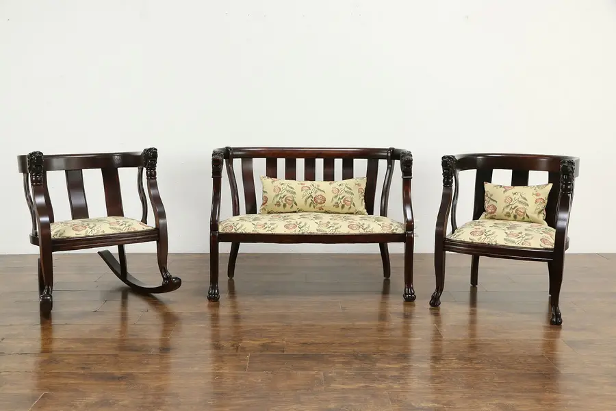 Photo of Victorian Antique 3 Pc Parlor Set, Settee, Chair & Rocker, Lion Heads