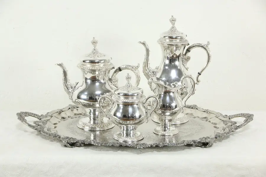 Photo of Silverplate Antique Large Tea & Coffee Service, 5 Pc Set with Tray Signed