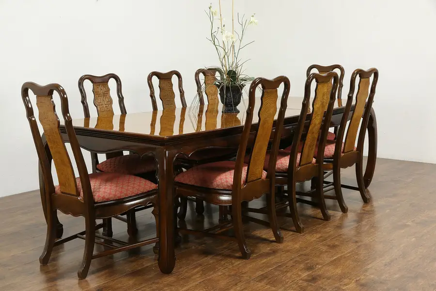 Photo of Chinese Style Vintage Dining Set, Table, 2 Leaves, 8 Chairs, Universal