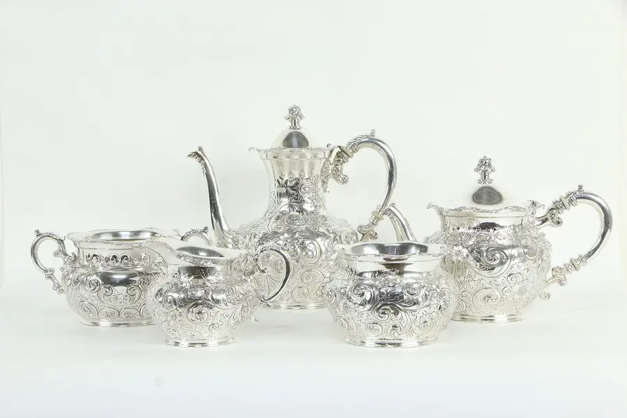 Photo of Victorian Antique Silverplate 5 pc Tea & Coffee Set, Barbour