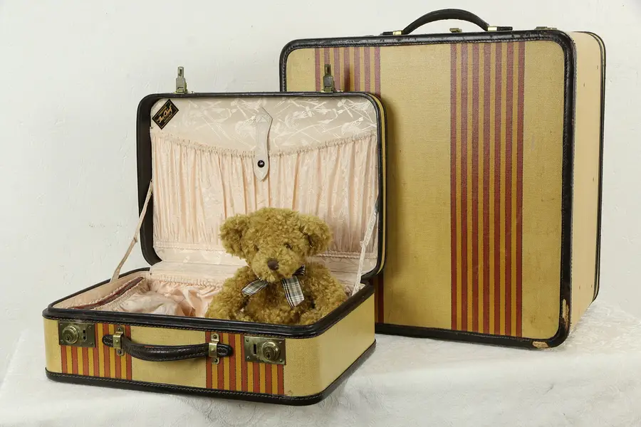 Photo of Pair 1940 Vintage Leather Trim Suitcases, Yale Locks, Oshkosh Luggage
