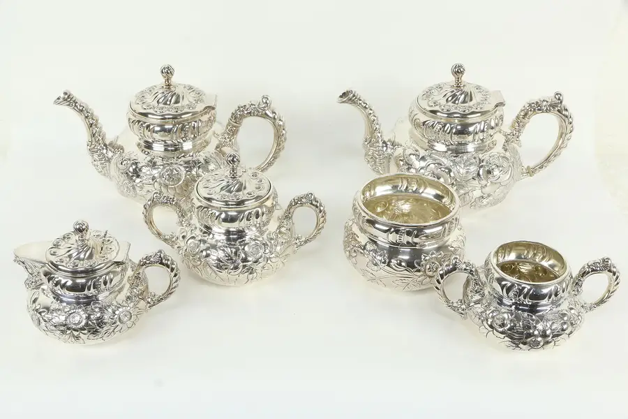 Photo of Victorian Antique Silverplate Roses 6 pc Tea & Coffee Set, Meriden