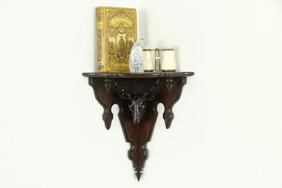 Photo of Black Forest Antique Walnut Corner Wall Shelf, Carved Deer Head Sculpture