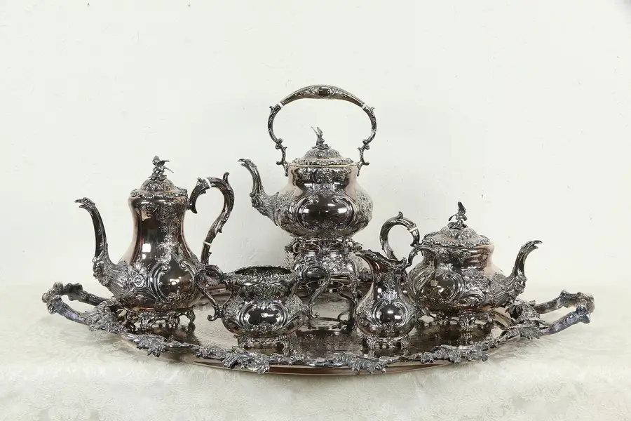 Photo of Victorian Antique Silverplate English 6 Pc Coffee & Tea Set & Tray London