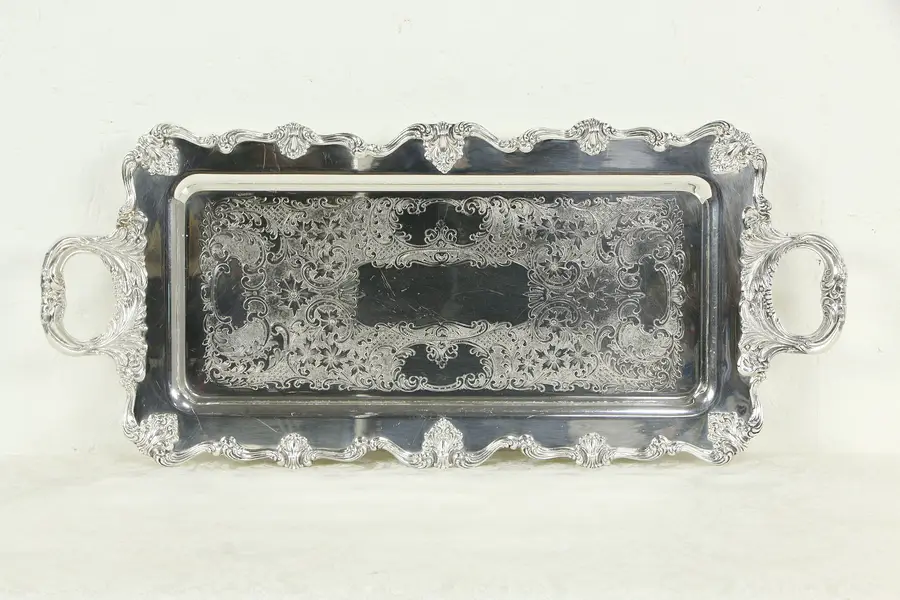Photo of Silverplate Footed Antique Engraved Tray Victorian W&S Black Kinton