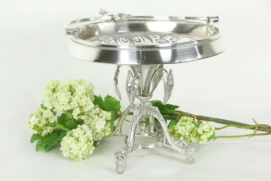 Photo of Victorian Antique Silverplate Basket Stand, Fox & Heads