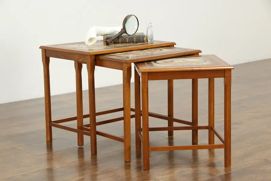 Photo of Set of 3 Midcentury Modern Teak Nesting Table, Tile Tops