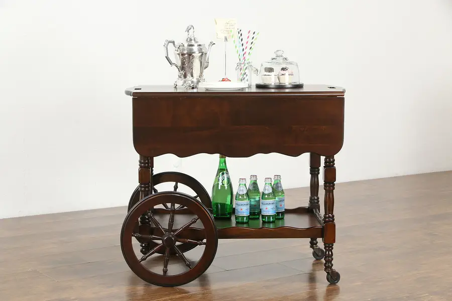 Photo of Maple Vintage Rolling Bar or Tea Cart, Dropleaves, Drawer, Wooden Wheels