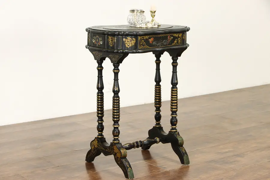 Photo of Victorian Antique Jewelry Chest Vanity Dressing Stand Paper Mache & Pearl