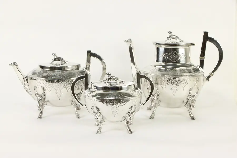 Photo of Victorian Antique Silverplate Coffee and Tea Set, Dogs & Deer, Meriden