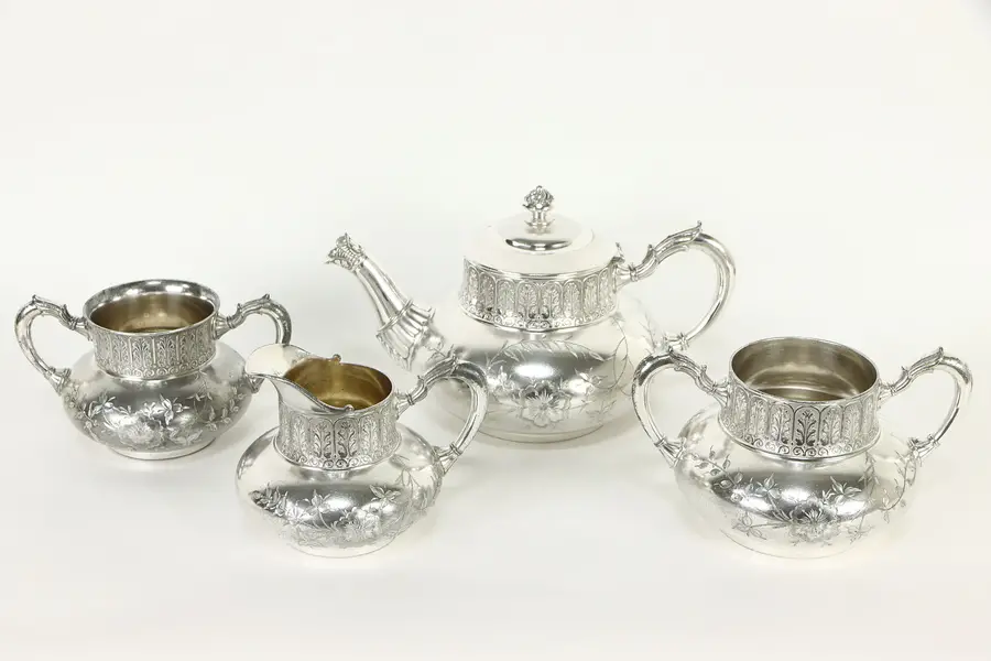 Photo of Victorian Antique Silverplate 4 Pc Coffee or Tea Set, Signed Tufts Boston
