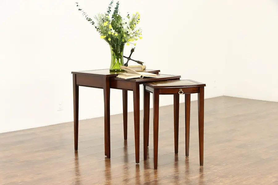 Photo of Set of 3 Vintage Mahogany Nesting Tables, Gold Tooled Leather Tops