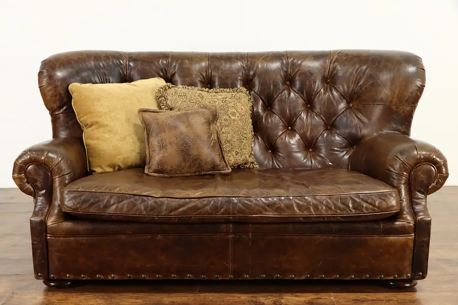 Photo of Tufted Leather Vintage Chesterfield Wing Sofa, Restoration Hardware