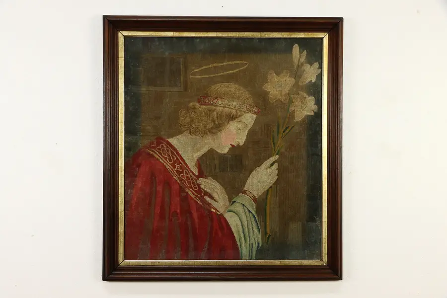 Photo of Victorian Saint Joseph & Lilies Antique Needlepoint Tapestry, 42 1/2"