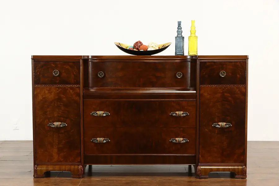 Photo of Art Deco Waterfall 1930's Vintage Sideboard Buffet, Bakelite Pulls