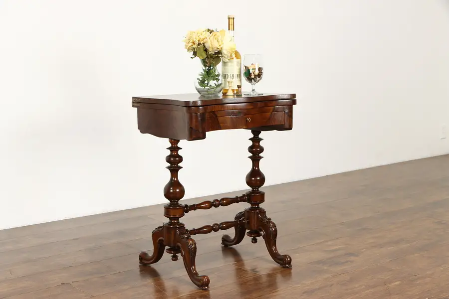 Photo of Walnut Burl Antique Inlaid French Game Table Chess, Cribbage, Backgammon