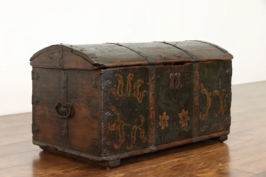 Photo of Immigrant Antique 1796 Farmhouse Pine Trunk, Hand Painted Dovetail Joints